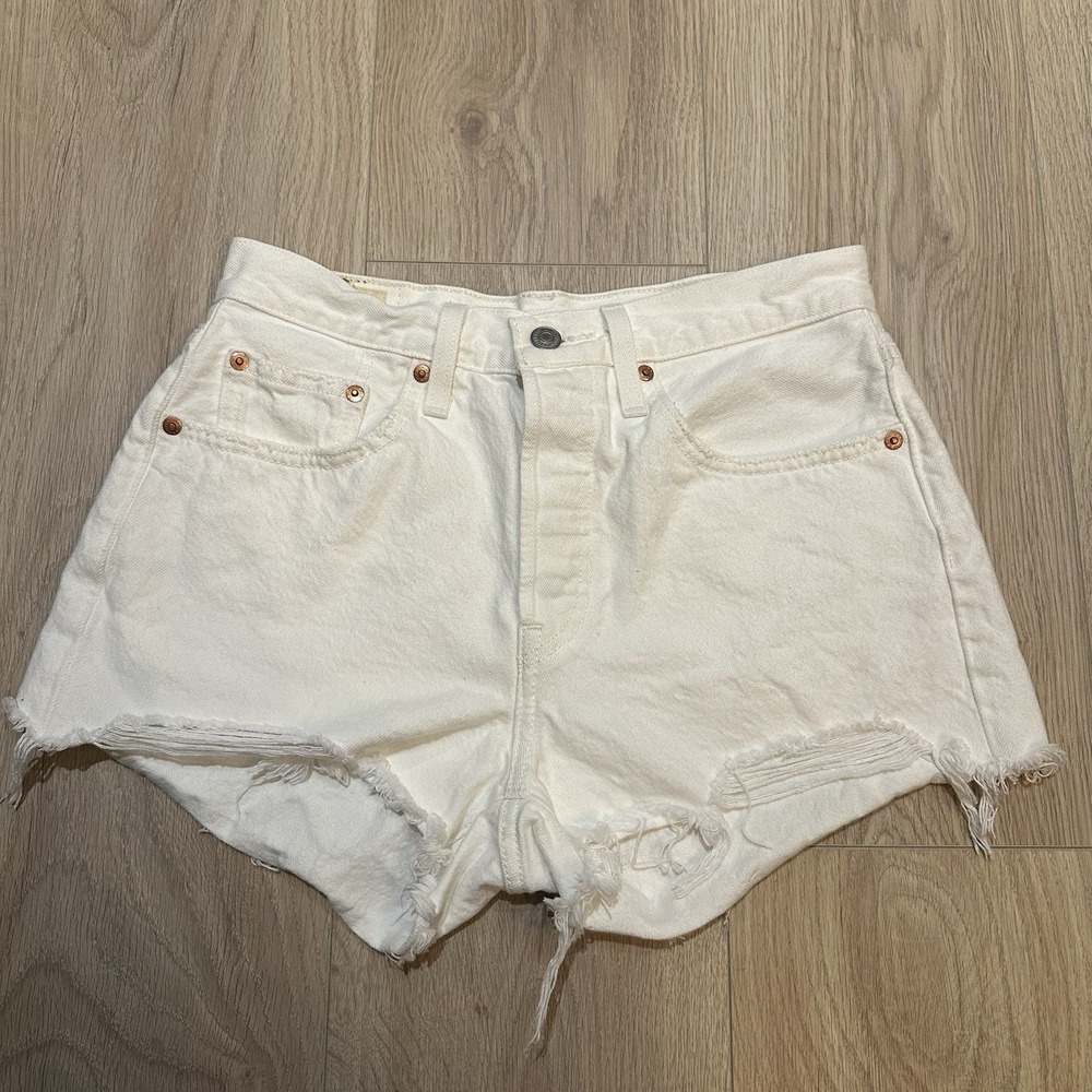 Levi's 501 Shorts White Distressed Button Fly  Women's Size 27 Premium Revolve